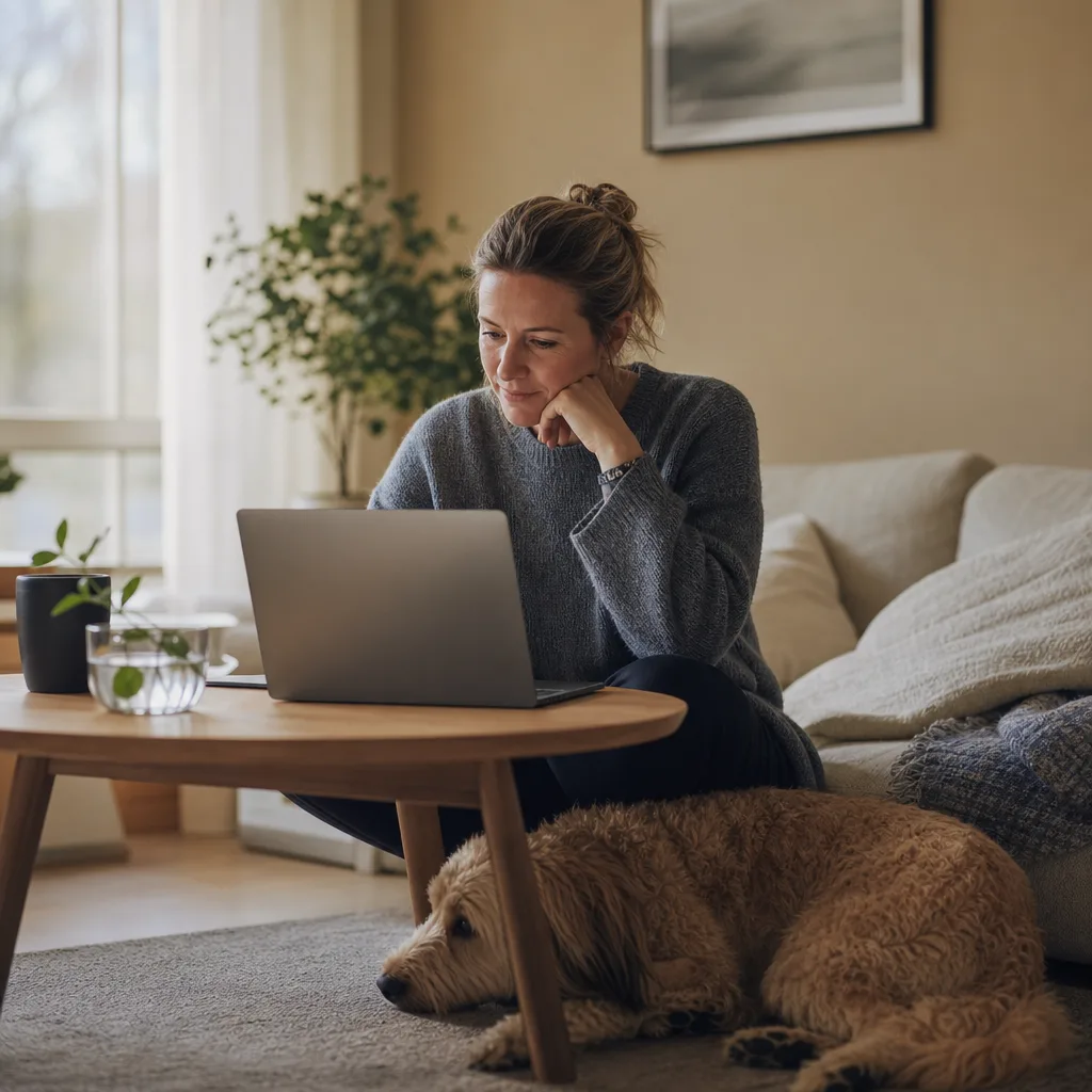 Person vid laptop — byter hundförsäkring
