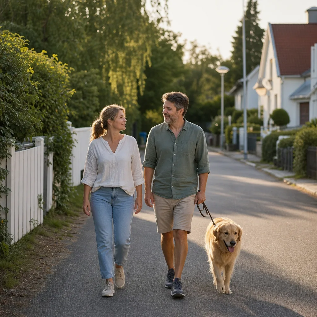 Familj på sommarpromenad med hund i en lugn villagata
