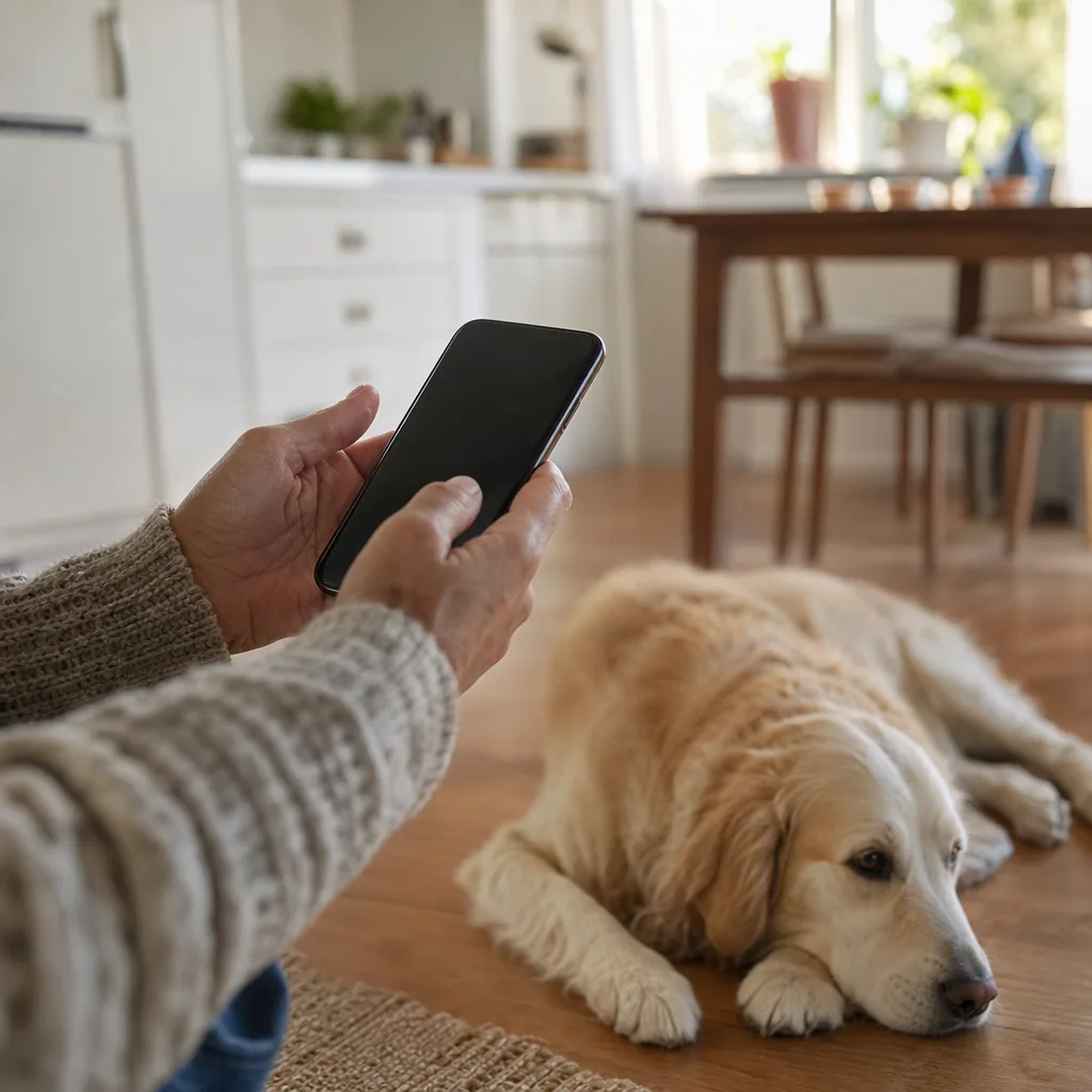 Hand som håller smartphone i ett ljust kök, hund vilar i förgrunden