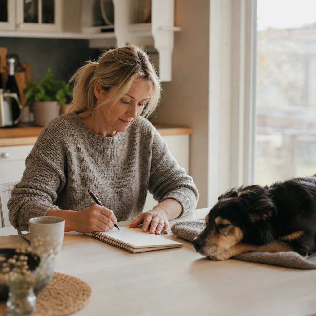 Kvinna i 50-årsåldern skriver i anteckningsblock medan hund vilar bredvid