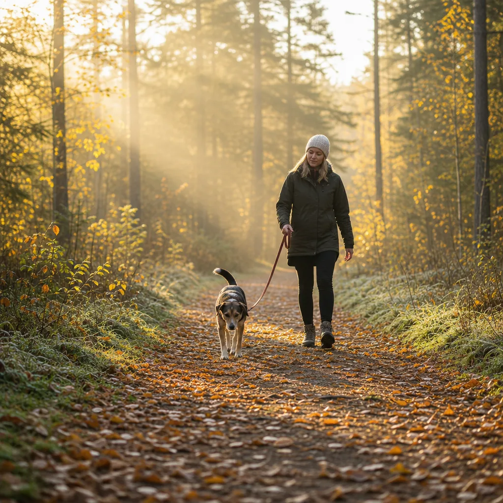 Hundägare på höstpromenad med blandrashund i koppel