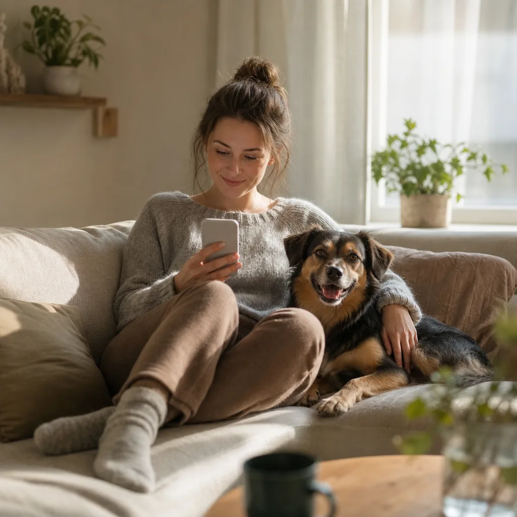 Person med smartphone och hund i ett ljust nordiskt vardagsrum