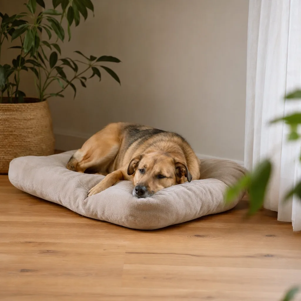 Hund vilar på bädd — magomvridning återhämtning 2026