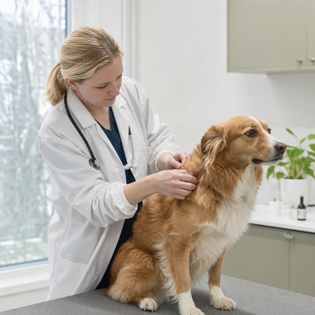 Veterinär undersöker lugn medelstor hund på undersökningsbord