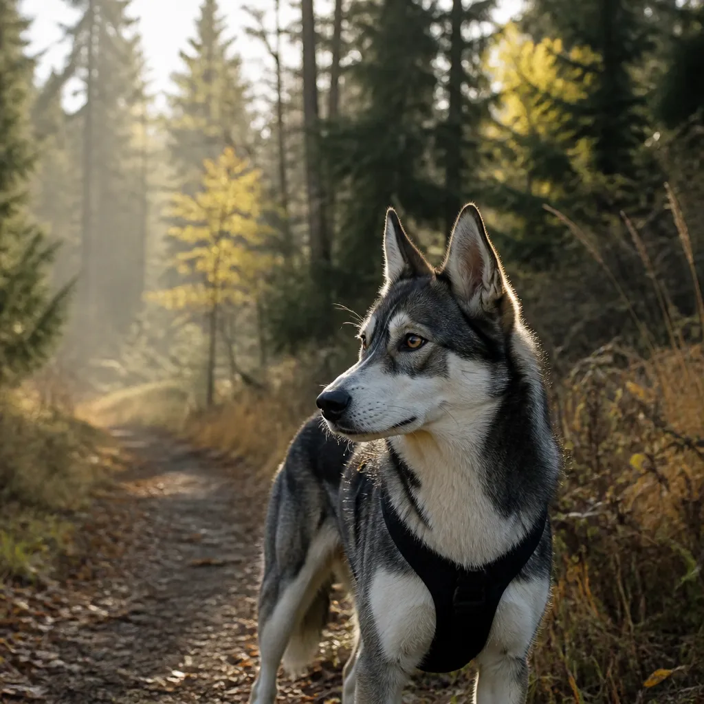 Hund av rasen Alaskan Husky i naturlig svensk miljö