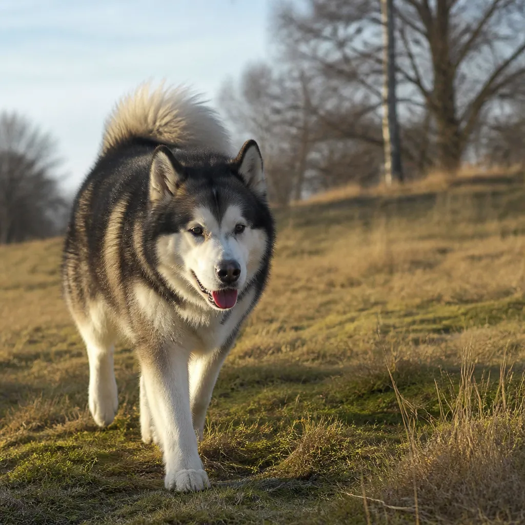 Hund av rasen Alaskan Malamute i naturlig svensk miljö