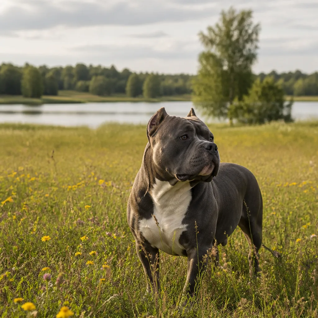 Hund av rasen American Bully i naturlig svensk miljö