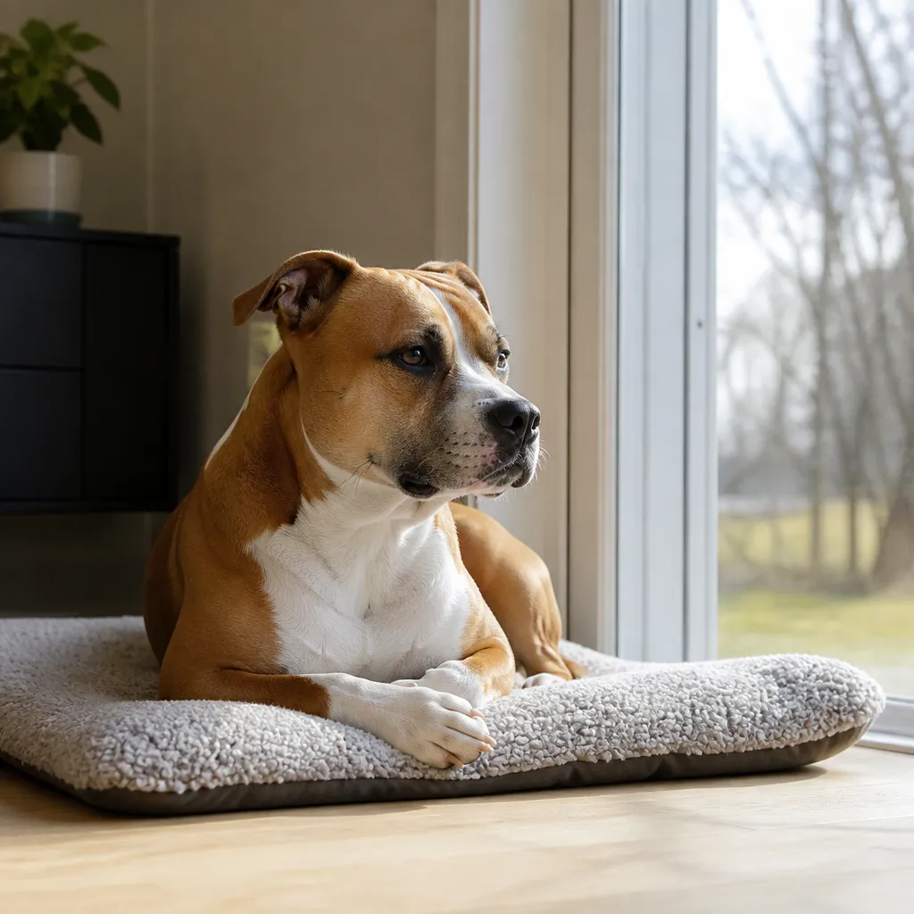 Hund av rasen American Staffordshire Terrier i naturlig svensk miljö