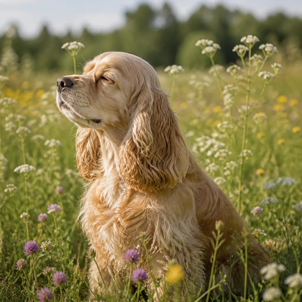 Hund av rasen Amerikansk Cocker Spaniel i naturlig svensk miljö