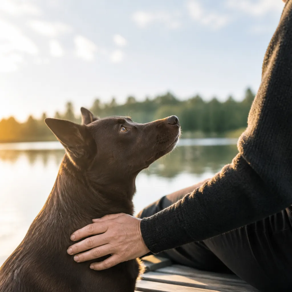 Hund av rasen Australian Kelpie i naturlig svensk miljö