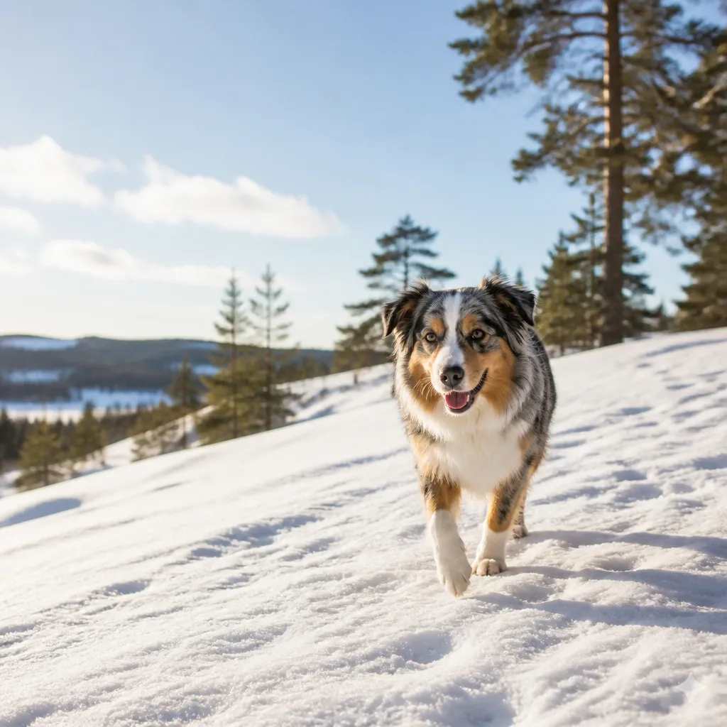 Hund av rasen Australian Shepherd i naturlig svensk miljö