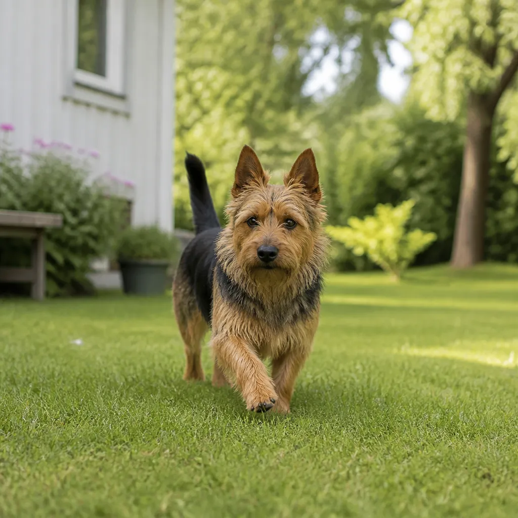 Hund av rasen Australisk Terrier i naturlig svensk miljö