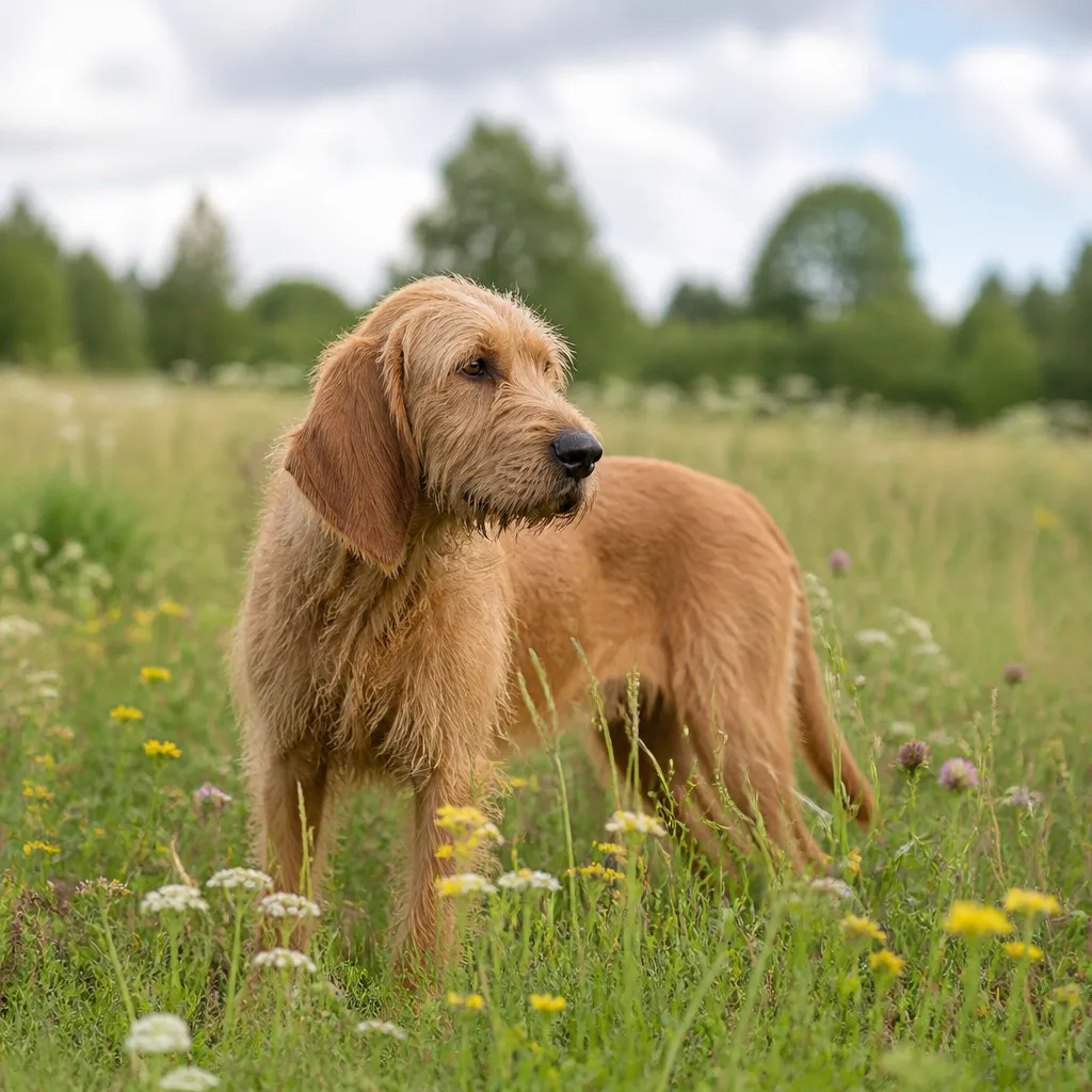 Hund av rasen Basset Fauve De Bretagne i naturlig svensk miljö
