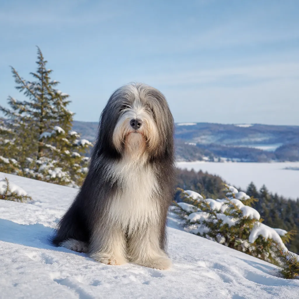 Hund av rasen Bearded Collie i naturlig svensk miljö