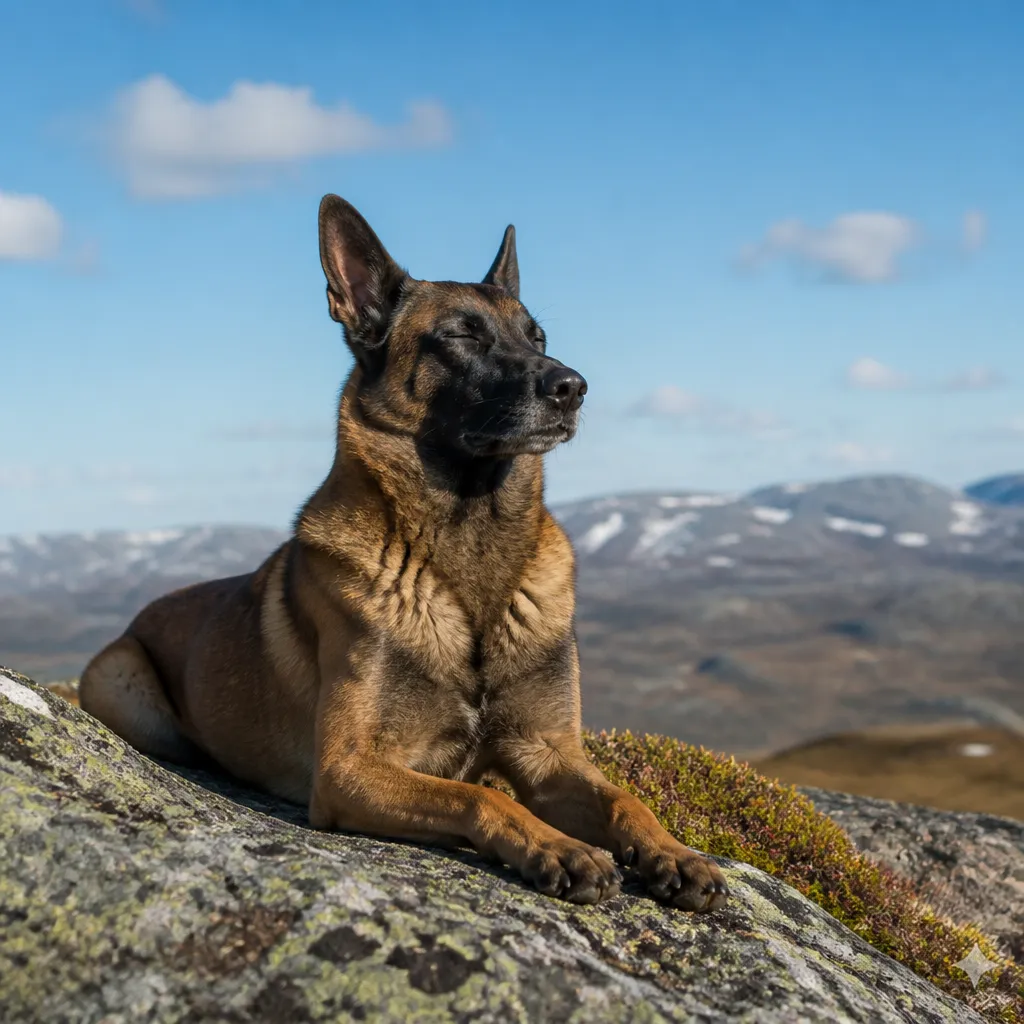 Hund av rasen Belgisk Vallhund i naturlig svensk miljö