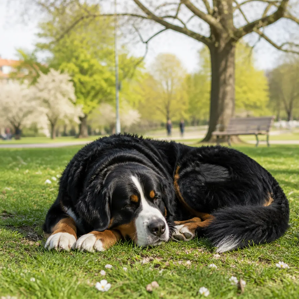 Hund av rasen Berner Sennenhund i naturlig svensk miljö