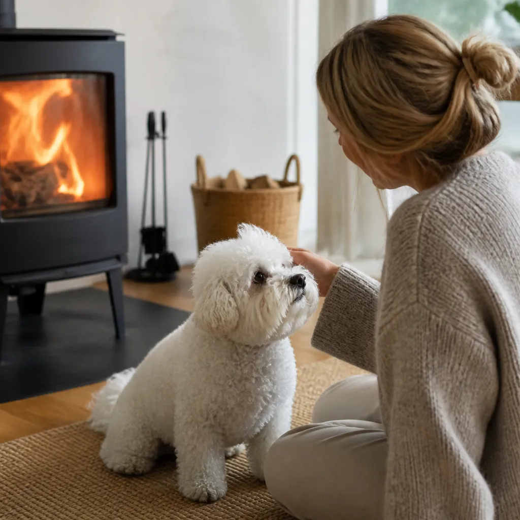 Hund av rasen Bichon Frisé i naturlig svensk miljö