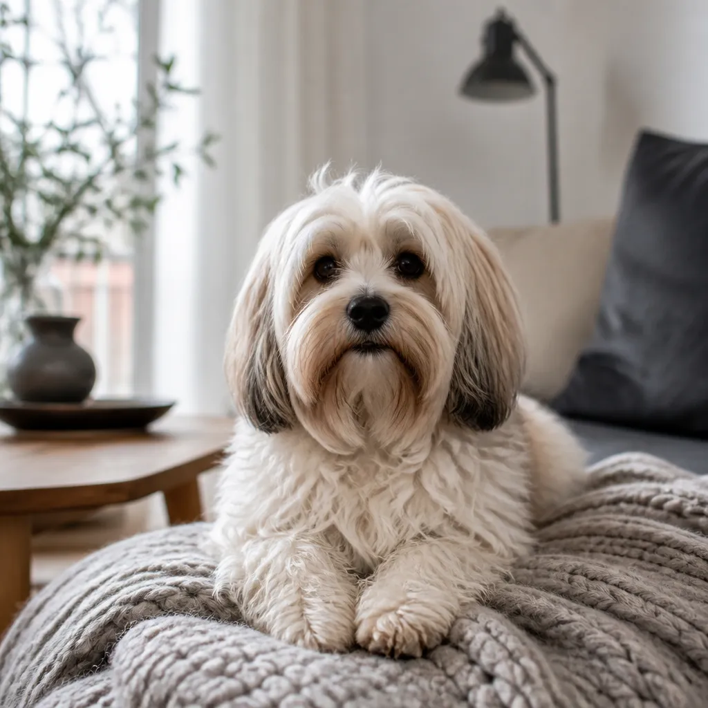 Hund av rasen Bichon Havanais i naturlig svensk miljö