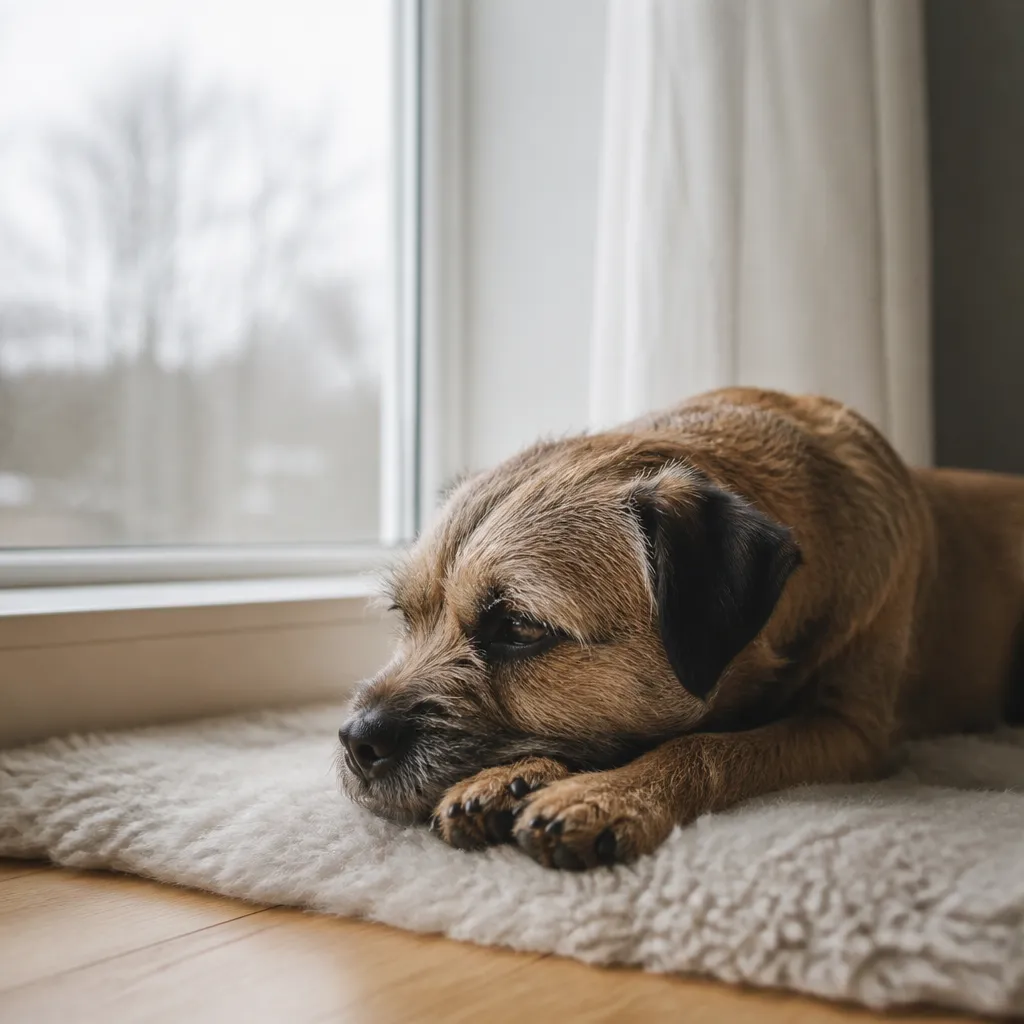 Hund av rasen Borderterrier i naturlig svensk miljö