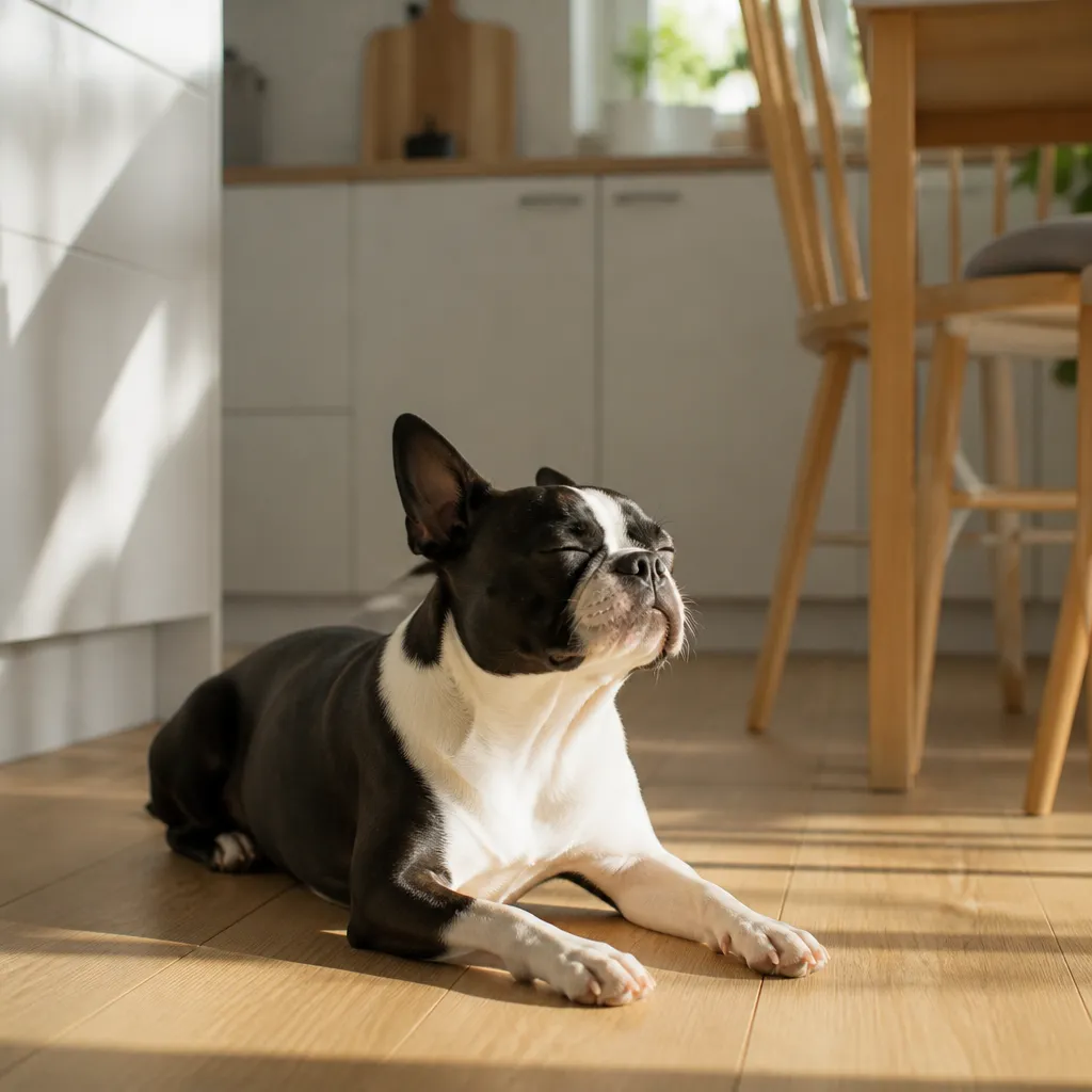 Hund av rasen Bostonterrier i naturlig svensk miljö
