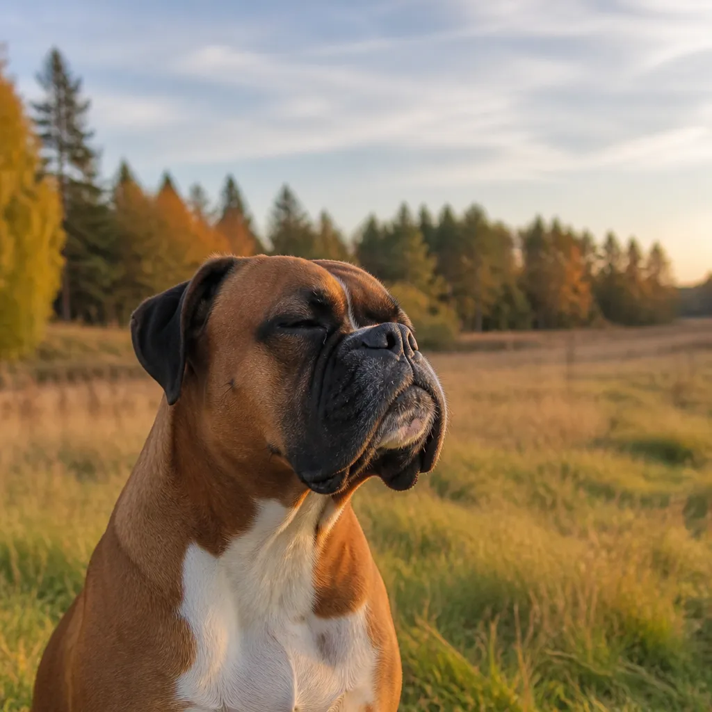 Hund av rasen Boxer i naturlig svensk miljö