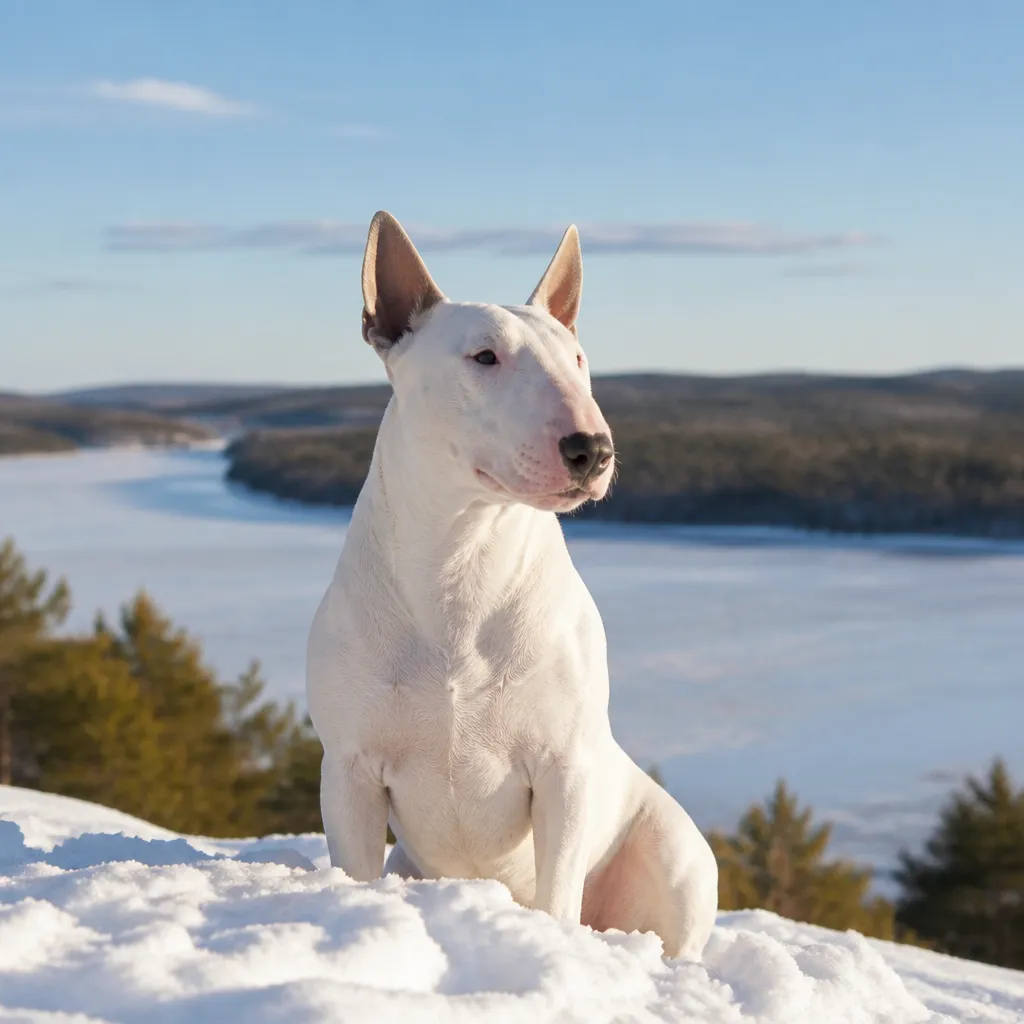 Hund av rasen Bullterrier i naturlig svensk miljö