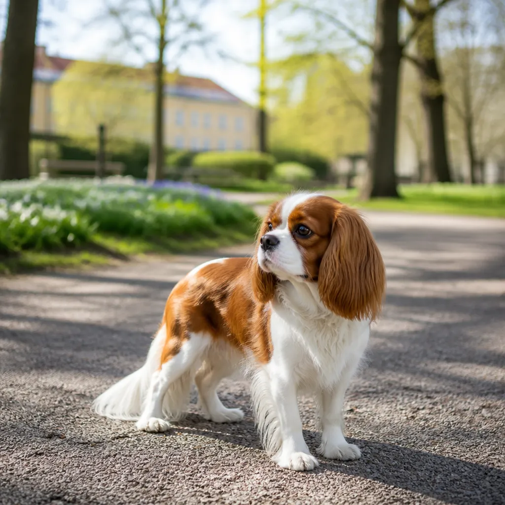 Hund av rasen Cavalier King Charles Spaniel i naturlig svensk miljö