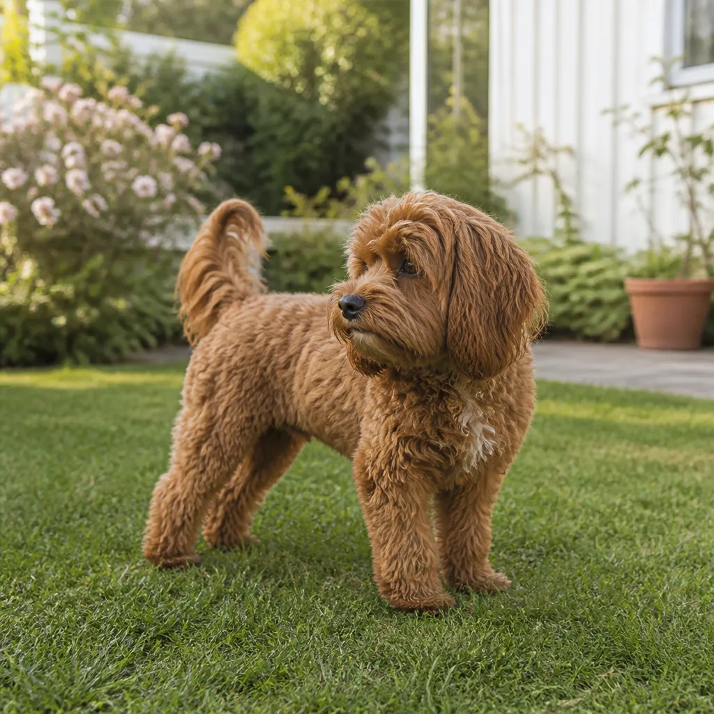 Hund av rasen Cavapoo i naturlig svensk miljö