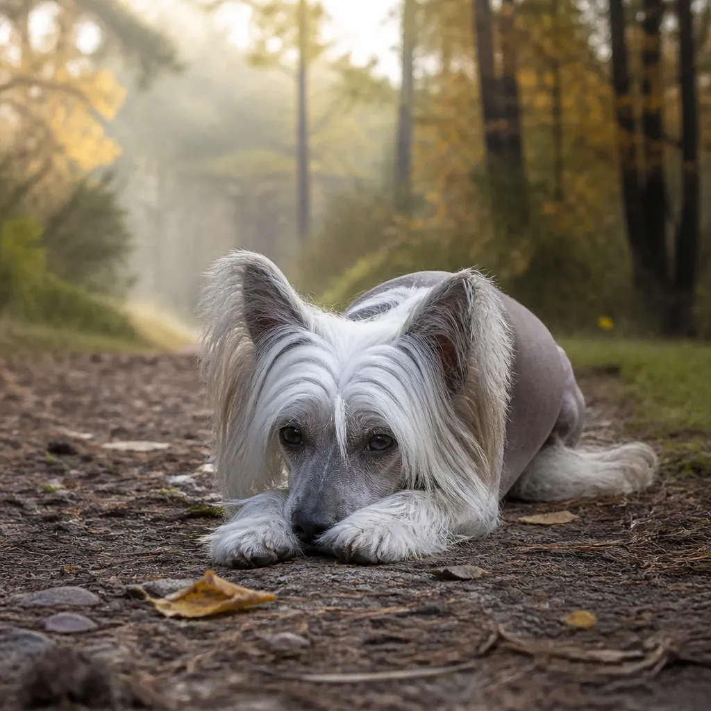 Hund av rasen Chinese Crested Dog i naturlig svensk miljö