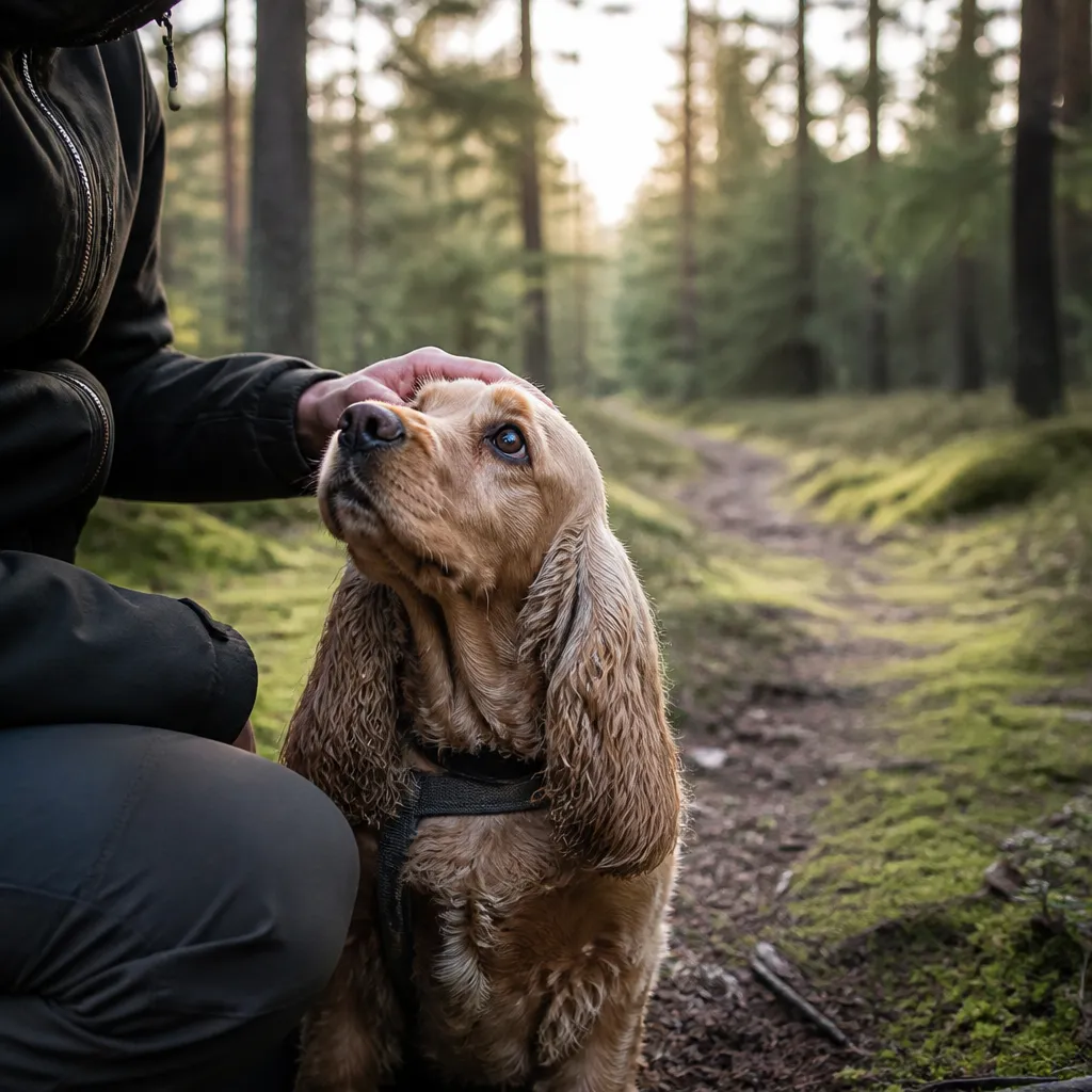Hund av rasen Cocker Spaniel i naturlig svensk miljö