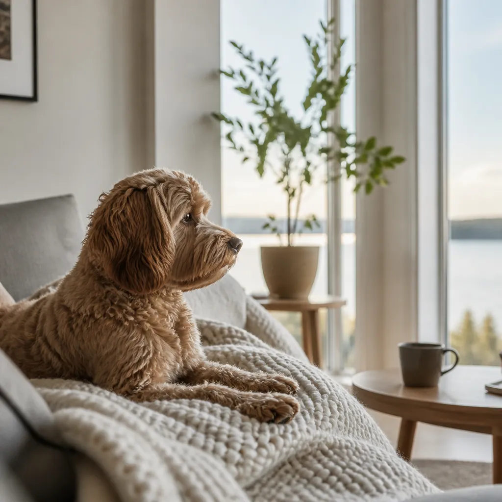 Hund av rasen Cockerpoo i naturlig svensk miljö