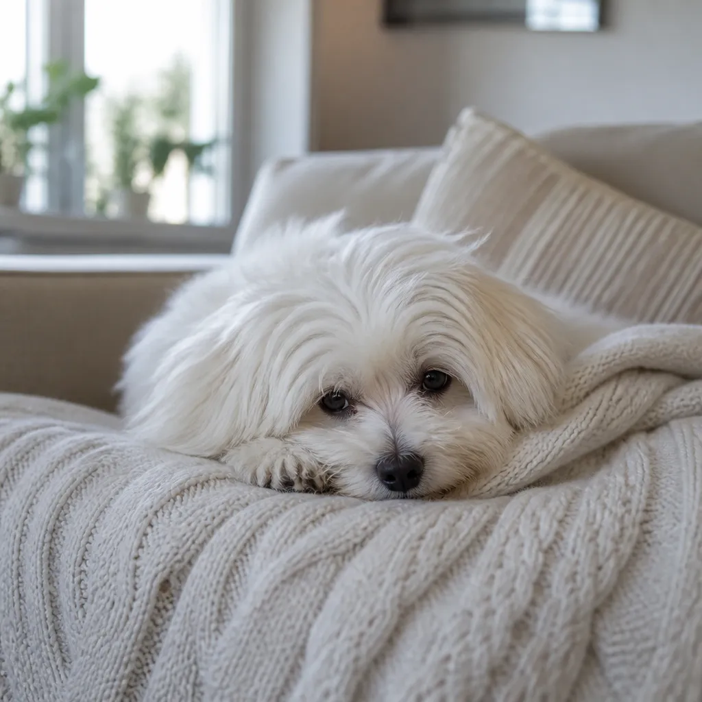 Hund av rasen Coton De Tuléar i naturlig svensk miljö