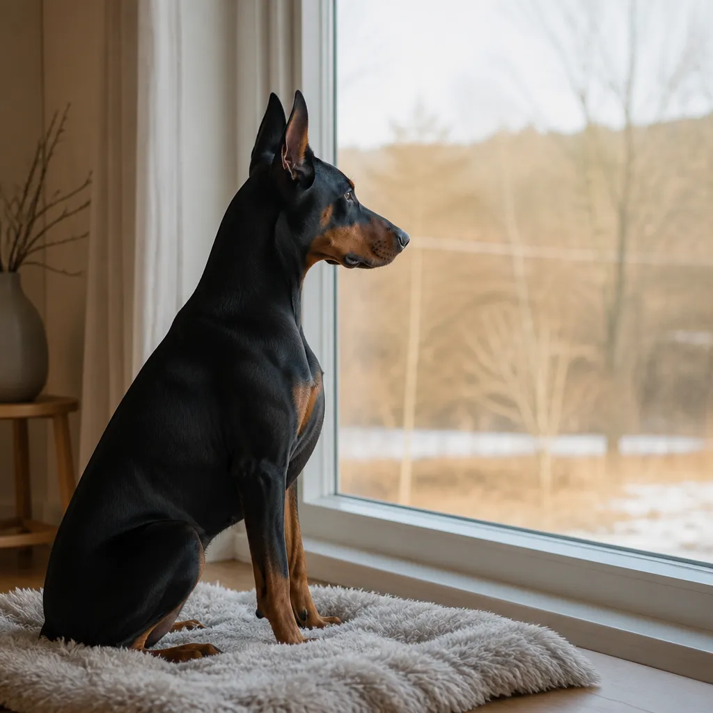 Hund av rasen Dobermann i naturlig svensk miljö
