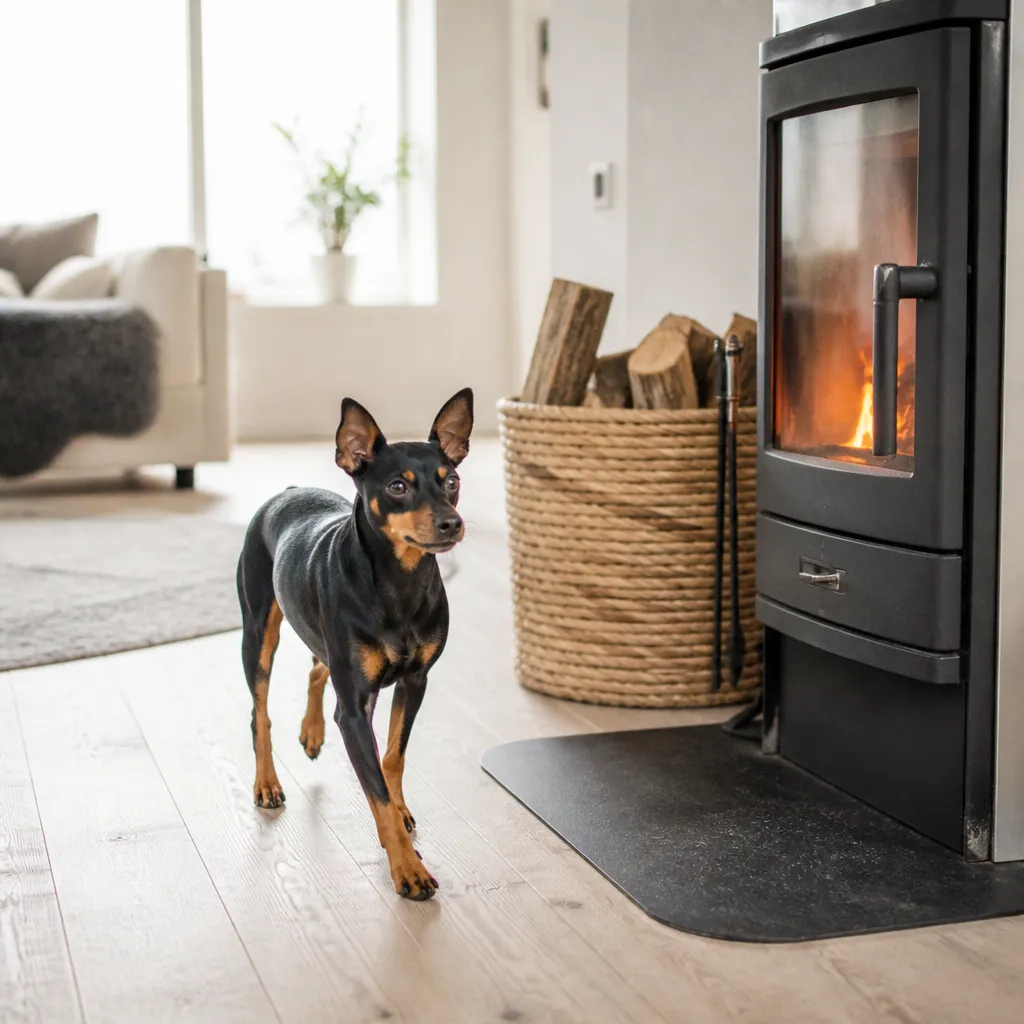 Hund av rasen Dvärgpinscher i naturlig svensk miljö