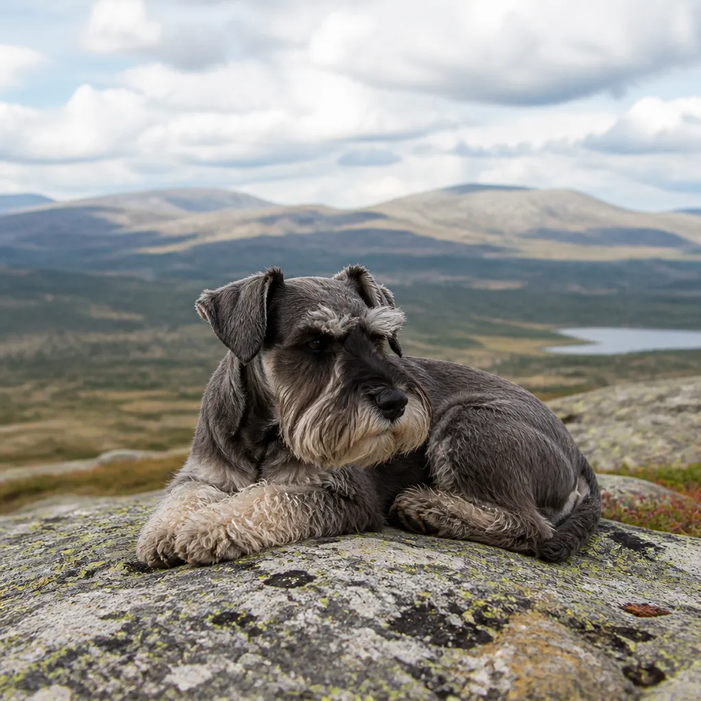 Hund av rasen Dvärgschnauzer i naturlig svensk miljö