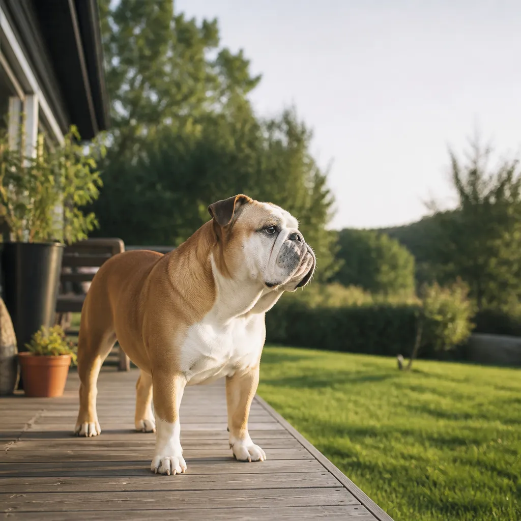 Hund av rasen Engelsk Bulldogg i naturlig svensk miljö