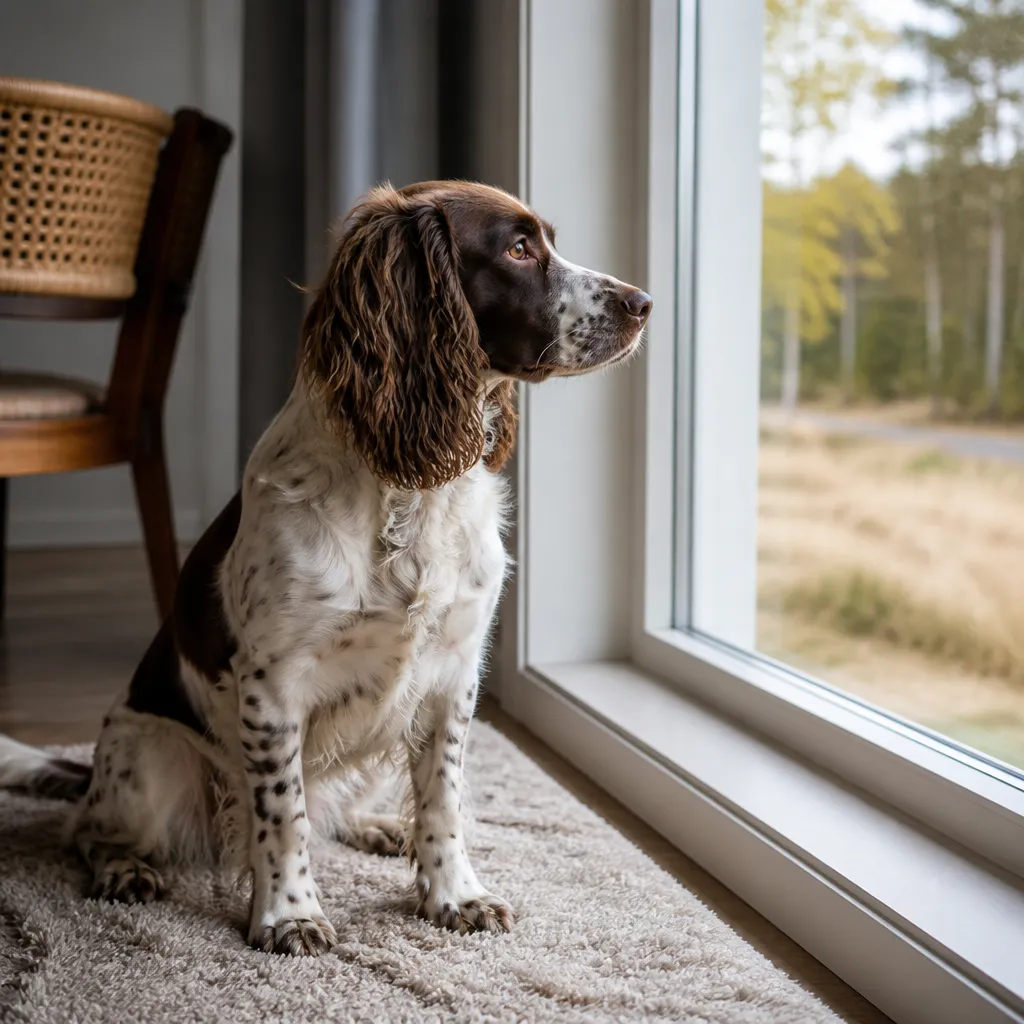 Hund av rasen Engelsk Springer Spaniel i naturlig svensk miljö