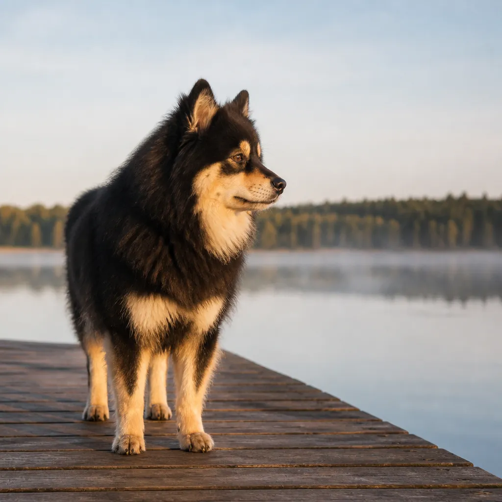 Hund av rasen Finsk Lapphund i naturlig svensk miljö