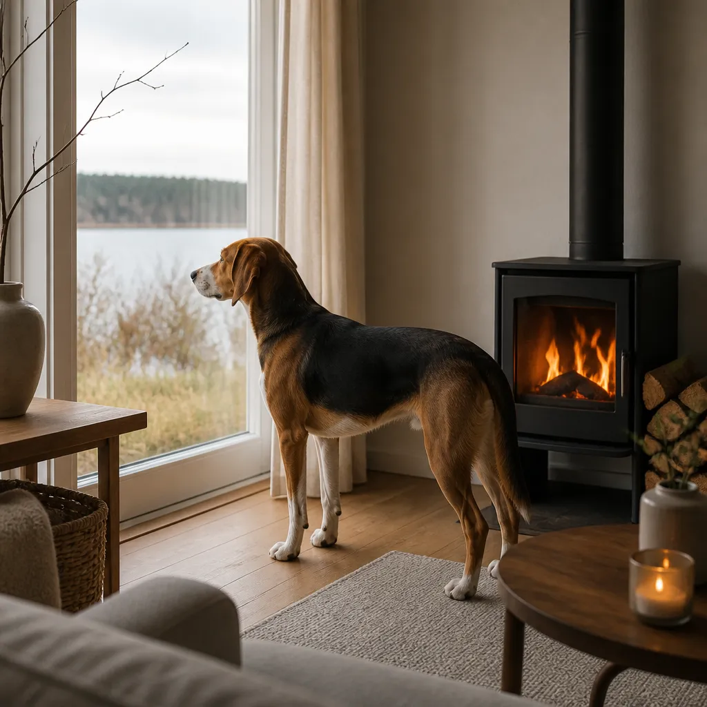 Hund av rasen Finsk Stövare i naturlig svensk miljö