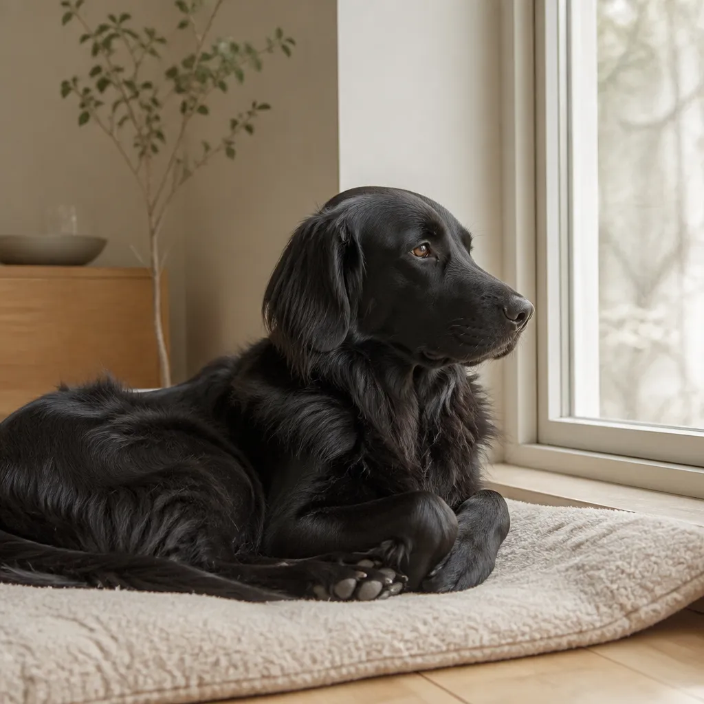 Hund av rasen Flatcoated Retriever i naturlig svensk miljö