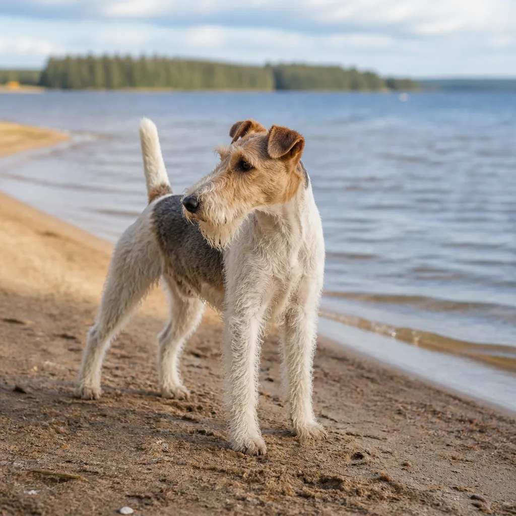 Hund av rasen Foxterrier i naturlig svensk miljö