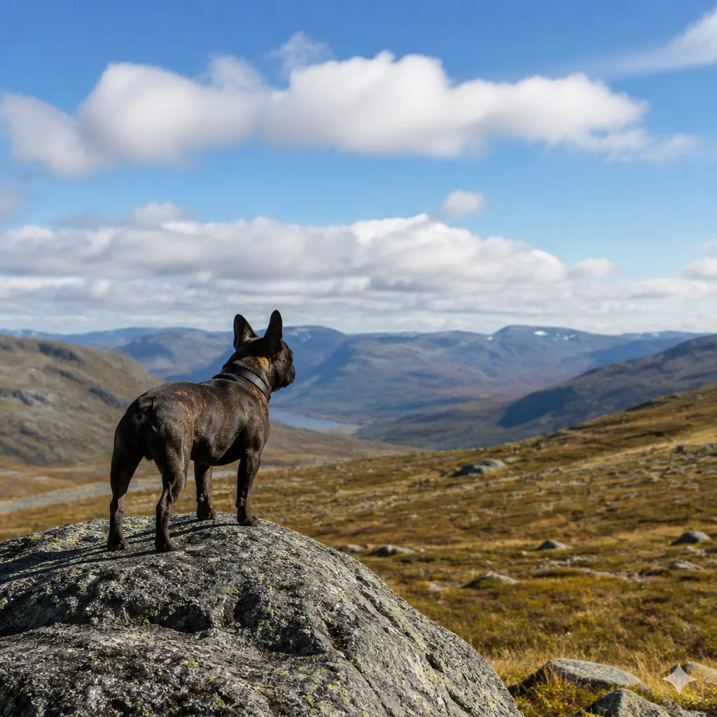 Hund av rasen Fransk Bulldogg i naturlig svensk miljö