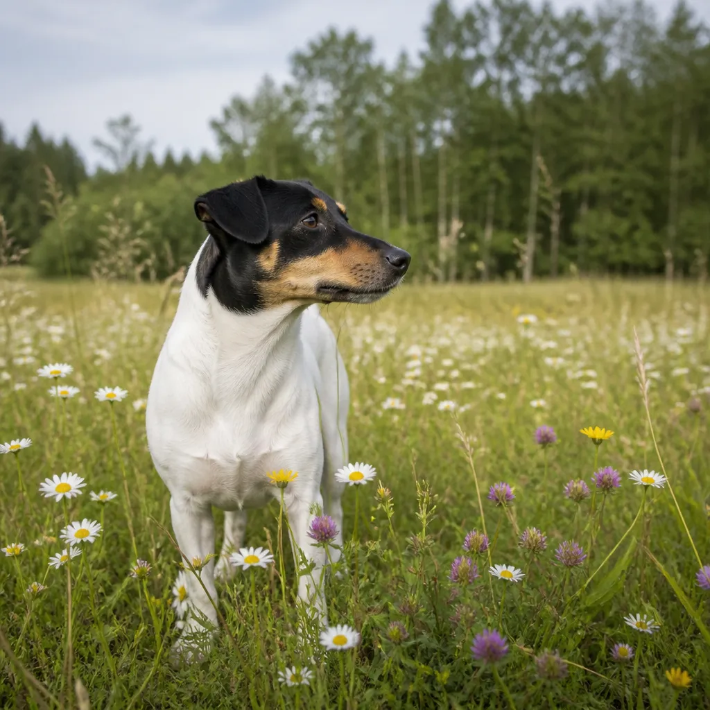 Hund av rasen Gårdshund i naturlig svensk miljö