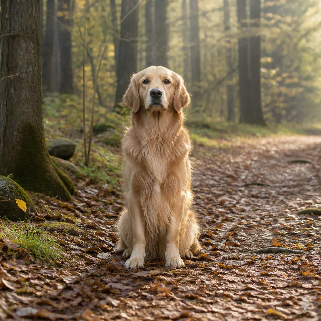Hund av rasen Golden Retriever i naturlig svensk miljö
