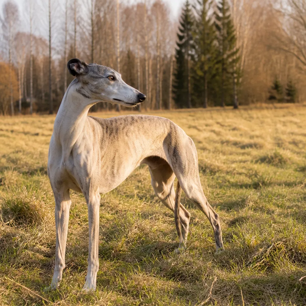 Hund av rasen Greyhound i naturlig svensk miljö