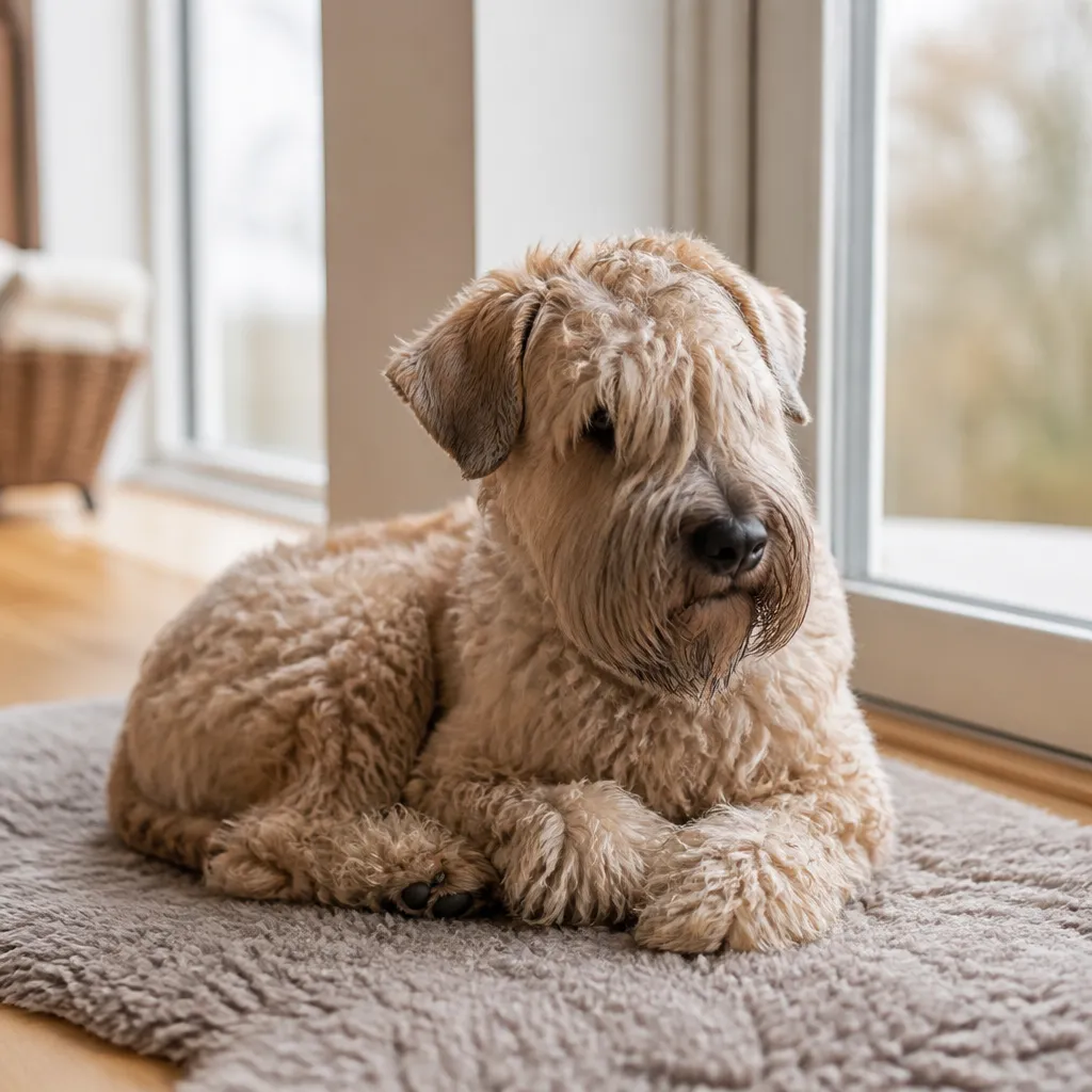 Hund av rasen Irish Softcoated Wheaten Terrier i naturlig svensk miljö