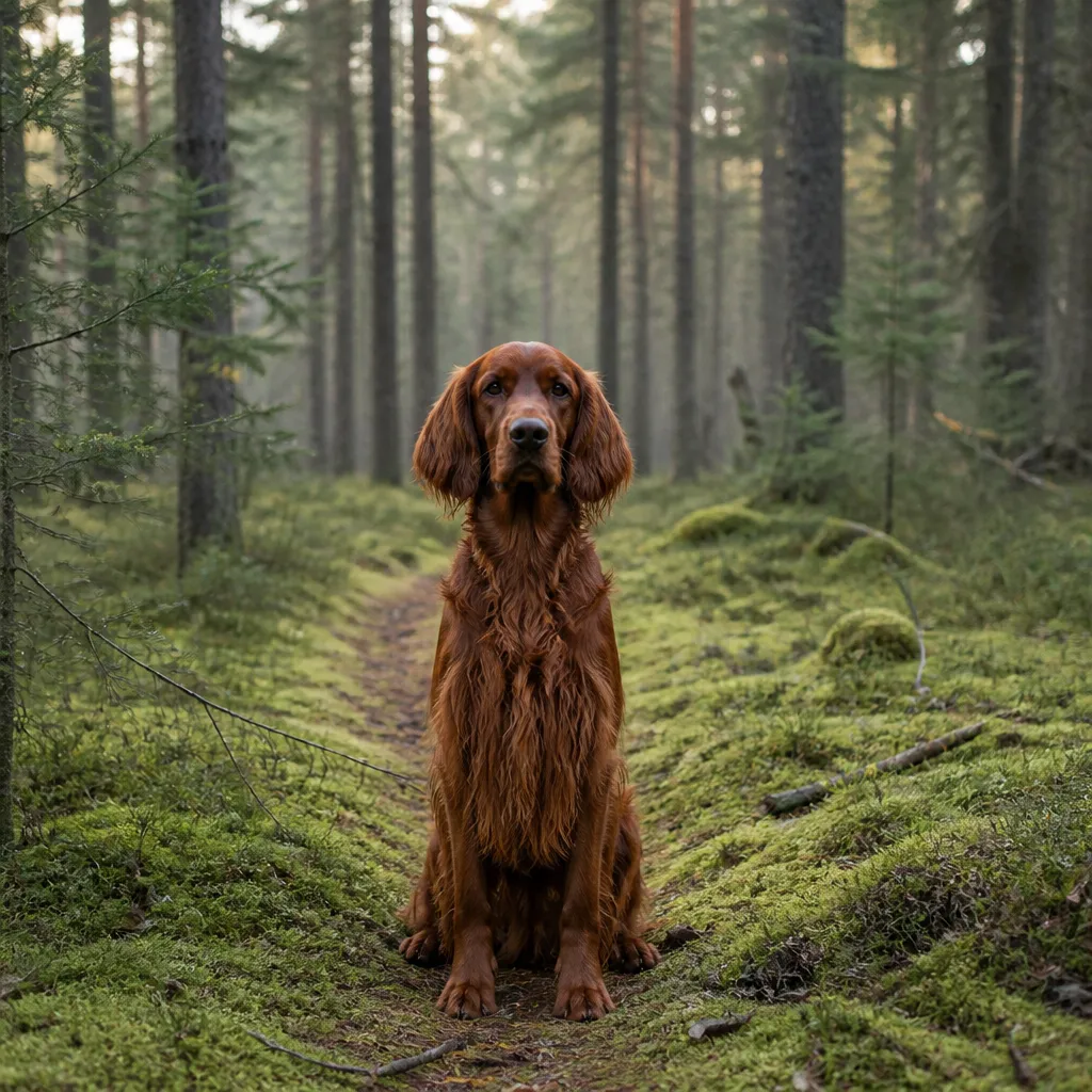 Hund av rasen Irländsk Röd Setter i naturlig svensk miljö