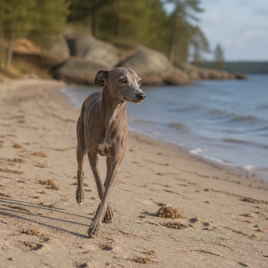 Hund av rasen Italiensk Vinthund i naturlig svensk miljö