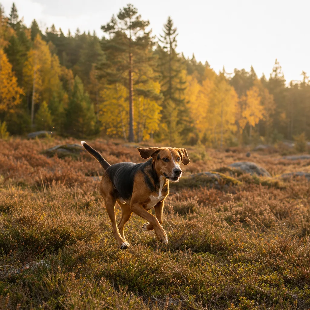 Stövartypisk hund springer fritt över höstig landskap