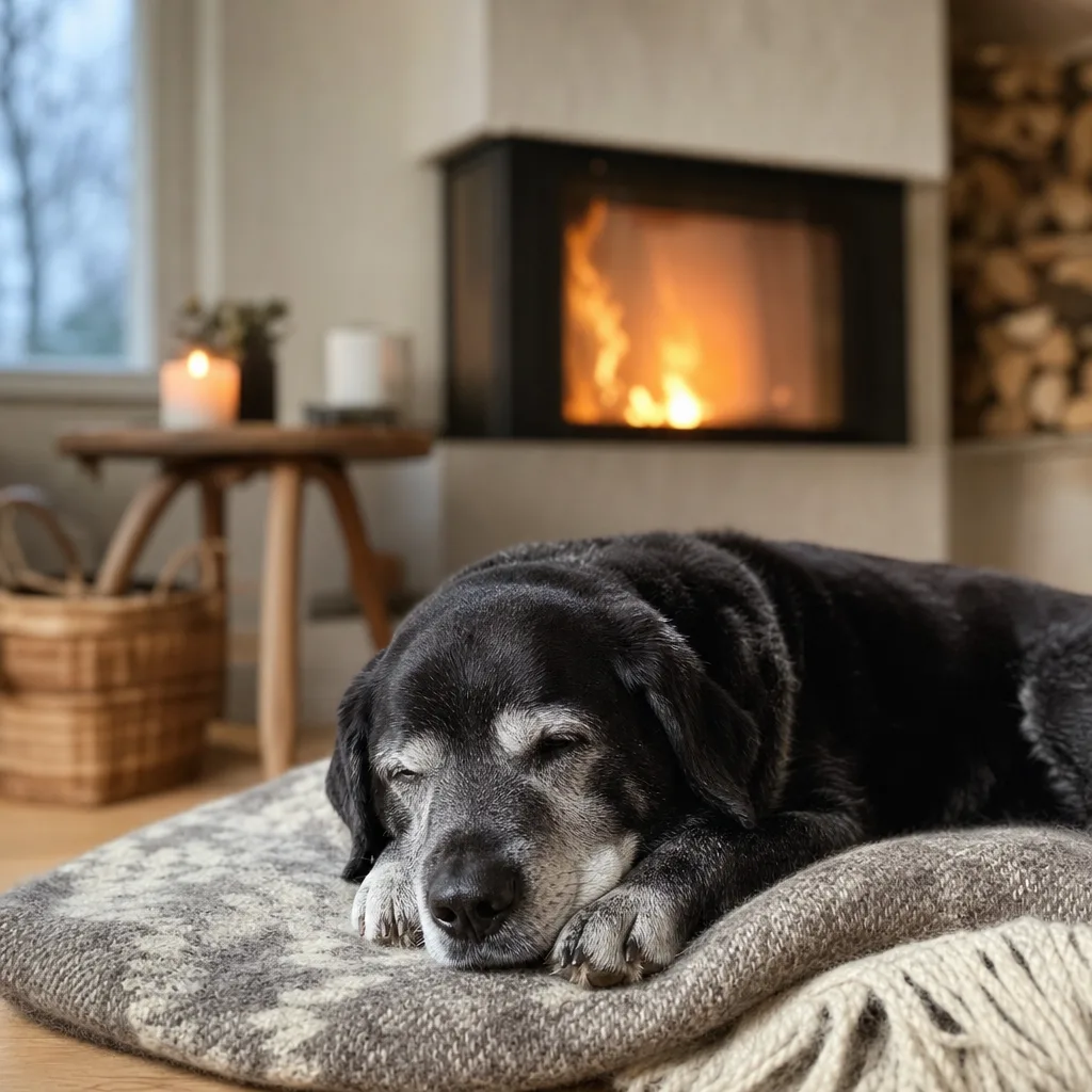Äldre hund vilar på yllefilt framför eldstad